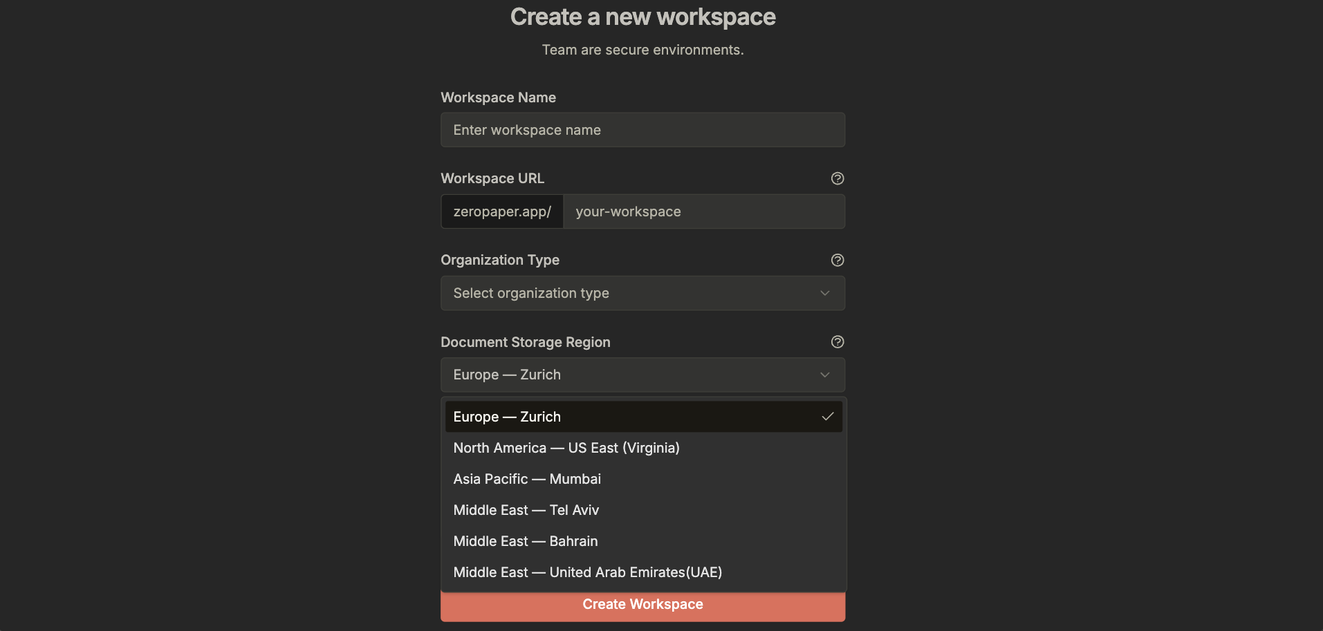 Create a new workspace form showing Workspace Name, Workspace URL, Organization Type, and Document Storage Region dropdown with options: Europe (Zurich), North America US East (Virginia), Asia Pacific (Mumbai), Middle East (Tel Aviv, Bahrain, UAE).