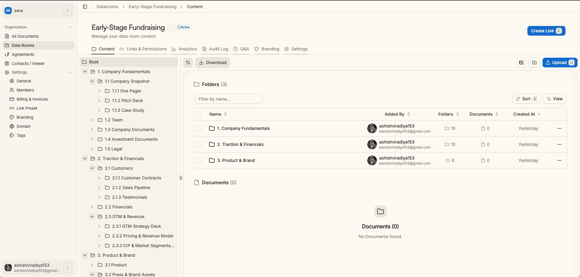 Sendpaper virtual data room interface with folder structure, content management, and analytics