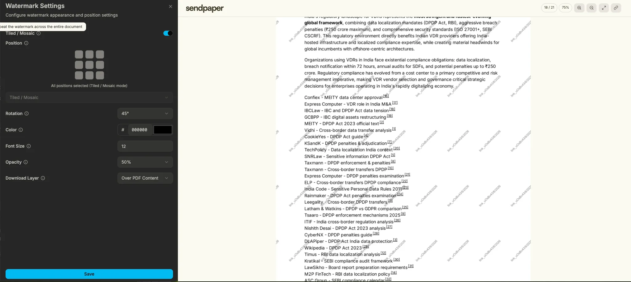 Watermark settings sidebar and document viewer with repeating diagonal watermark overlay on the page