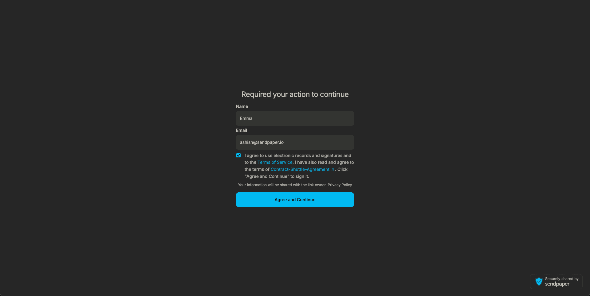 One-click agreement accept screen
