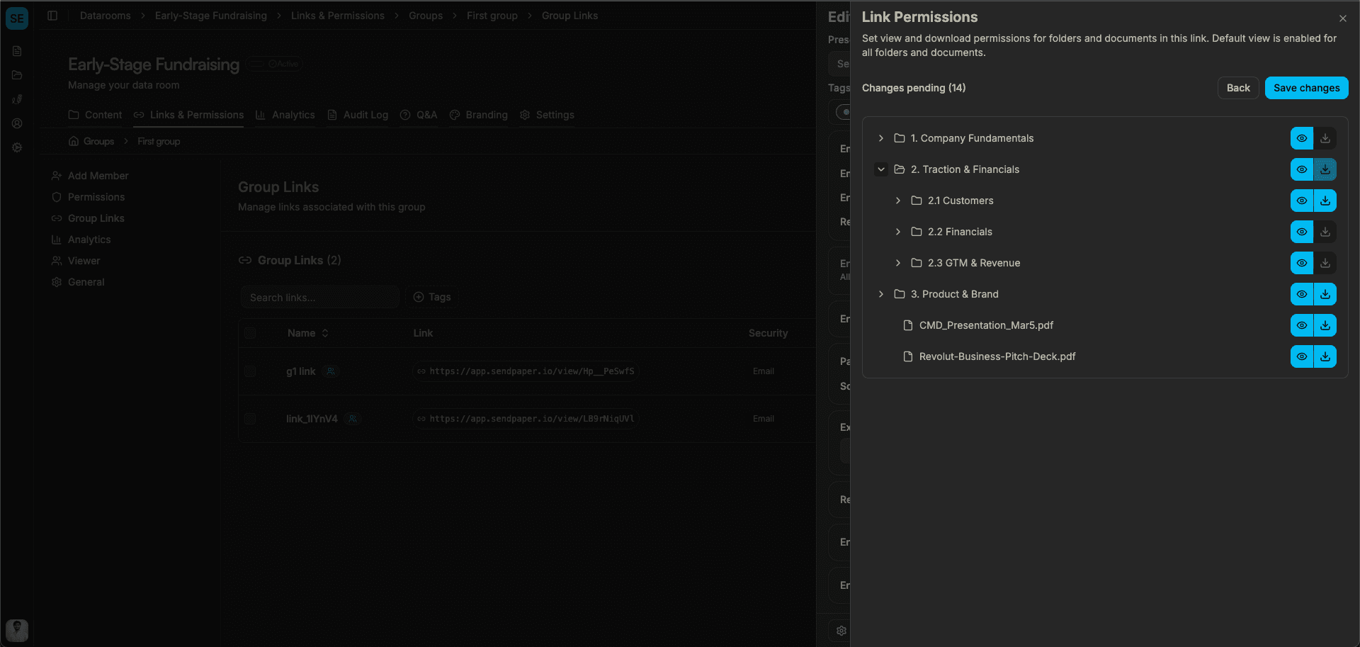 Granular permissions: set view and download per folder and file in your data room