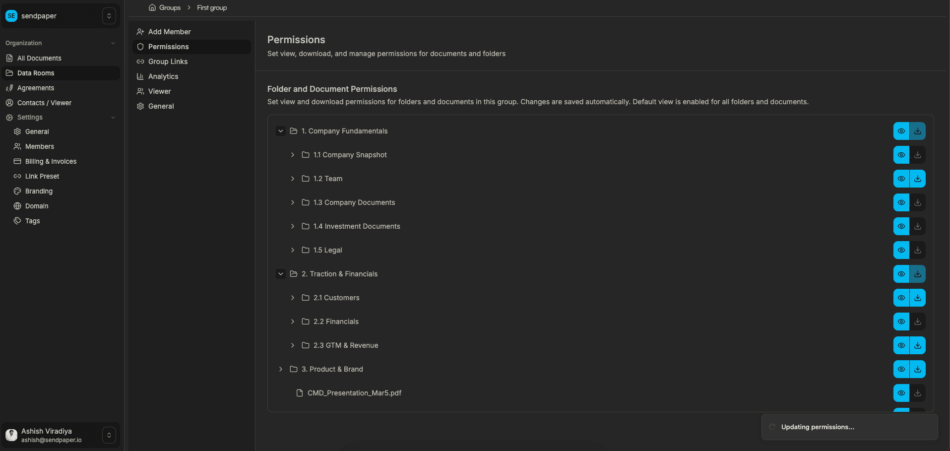 Permissions panel: set view and download per folder and file
