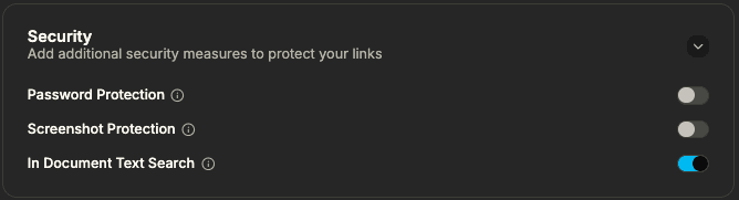 Link and document settings including screenshot protection
