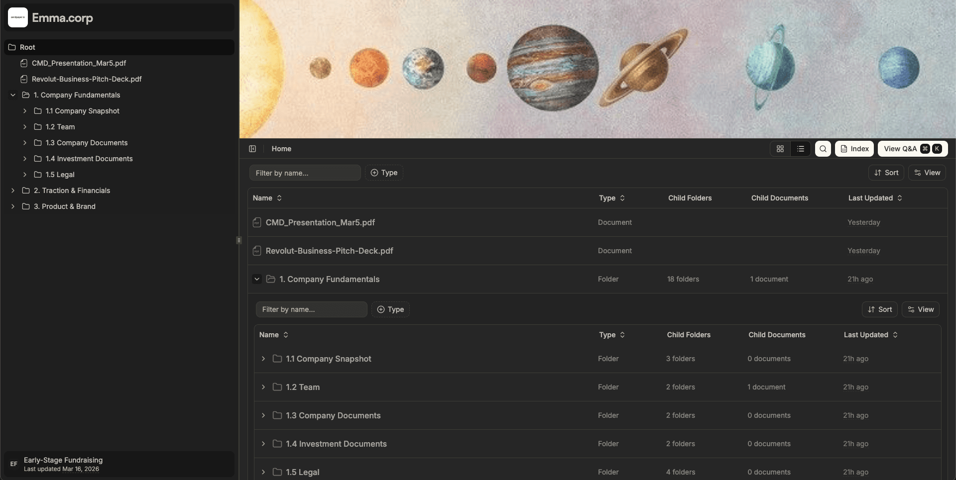 Data room table view with folder list