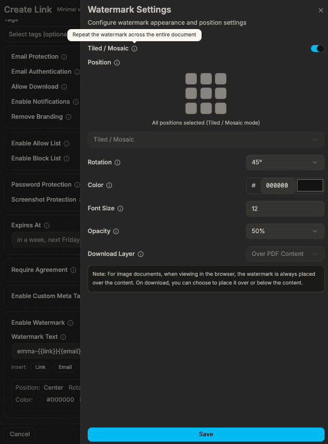 Watermark settings: position, style, placement, and domain