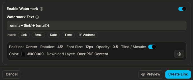Watermark options for document links
